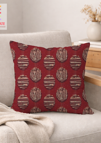 A slightly creased piece of fabric featuring textured oval shapes resembling beads or pearls on a deep red backdrop by lenes_linien.