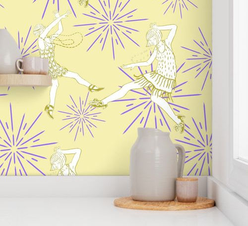 A slightly creased piece of fabric featuring a hand-drawn pattern design of elegant dancing ladies in 20s attire and sunbursts on uni color ground by lenes_linien.