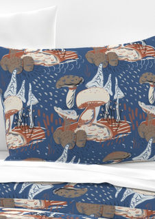 A slightly creased piece of fabric featuring stylized whimsical mushrooms and fungi with abstract textures by lenes_linien.