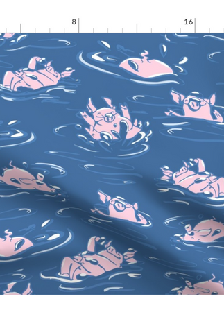 A slightly creased piece of fabric featuring a design of hand-drawn funny pigs splashing about by lenes_linien