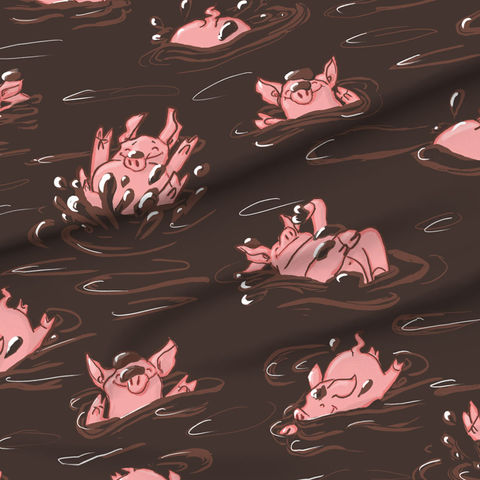 A slightly creased piece of fabric featuring a design of hand-drawn funny pigs splashing about in sea of creamy yellow butter by lenes_linien