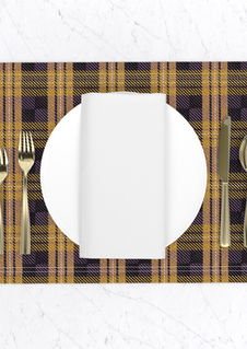 A slightly creased piece of fabric featuring a modern tartan design by lenes_linien.