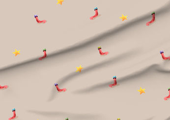 A slightly creased piece of fabric featuring cartoon worms wearing hats and sunglasses by lenes_linien.