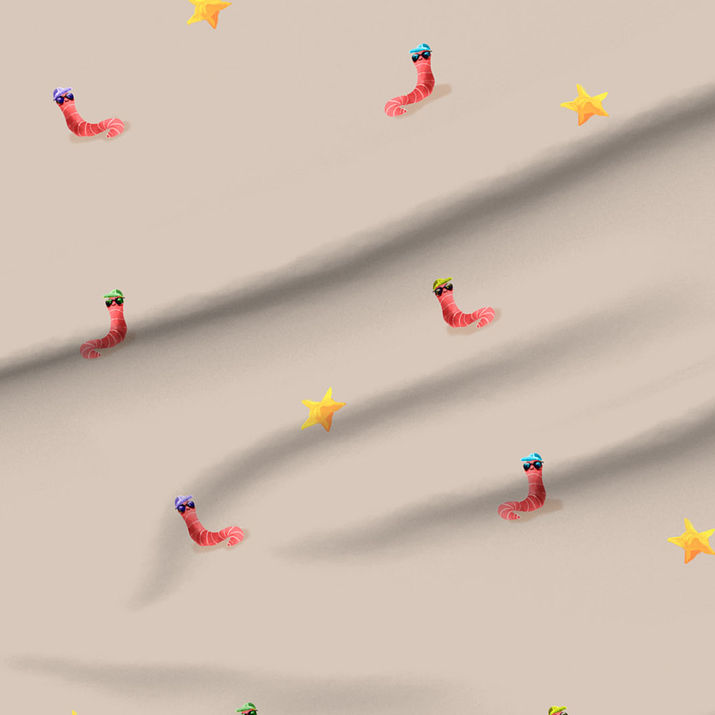 A slightly creased piece of fabric featuring cartoon worms wearing hats and sunglasses by lenes_linien.