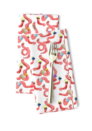 A slightly creased rectangle of fabric showing a lenes_linien design of fun ogee-shaped clusters of characterful earthworms on a unicolored background.