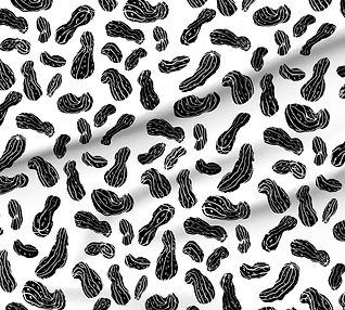 A slightly creased piece of fabric showing a modern blockprint style design of hand-drawn peanut shapes by lenes_linien