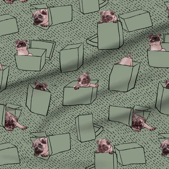 A slightly creased piece of fabric featuring hand-drawn pugs hiding in line-art gift boxes by lenes_linien.
