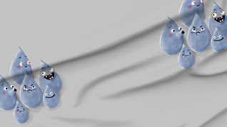 A hero illustration of a fun group of pastel muted blue raindrop characters huddling together on light gray ground.