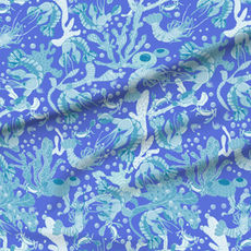 A slightly creased piece of fabric featuring an underwater scene with lobsters crabs corals kelp and bubbles in blue and teal hues by lenes_linien.