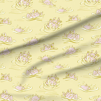 A slightly creased piece of fabric featuring a design of hand-drawn funny pigs splashing about in sea of creamy yellow butter by lenes_linien