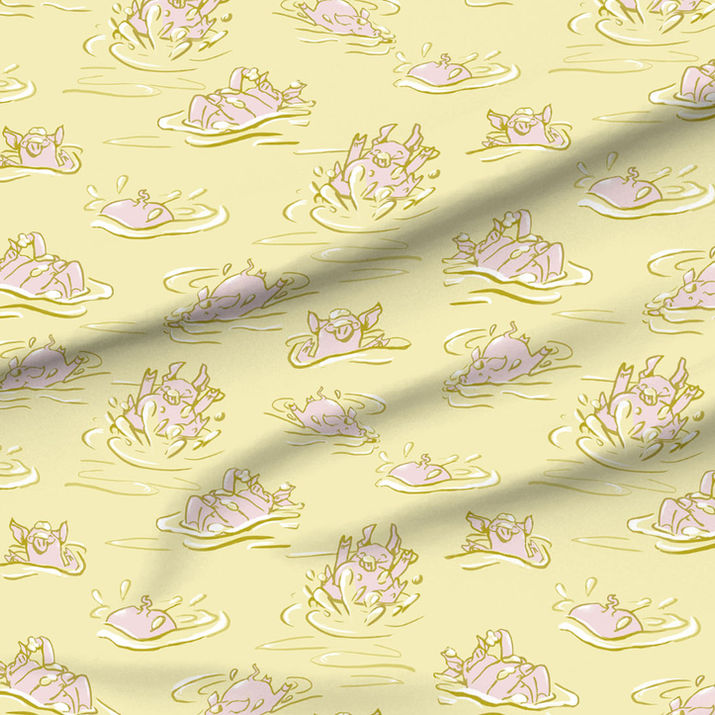 A slightly creased piece of fabric featuring a design of hand-drawn funny pigs splashing about in sea of creamy yellow butter by lenes_linien
