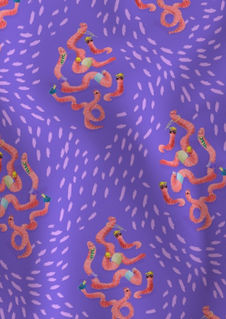 A slightly creased rectangle of fabric showing a lenes_linien design of fun ogee-shaped clusters of characterful earthworms on a dashed background.