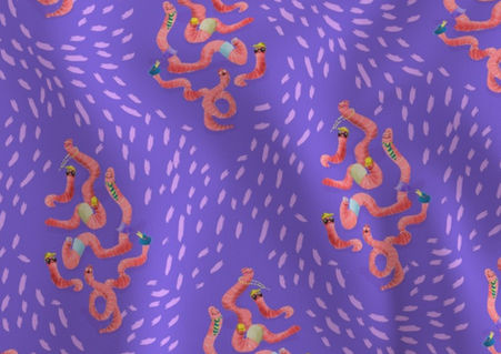 A slightly creased rectangle of fabric showing a lenes_linien design of fun ogee-shaped clusters of characterful earthworms on a dashed background.