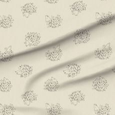 A slightly creased piece of fabric featuring a tossed design of cute, minimalist hedgehogs drawn in loose line-art sketches on uni-colored background by lenes_linien