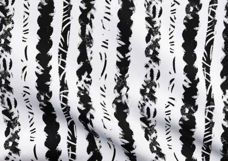 A slightly creased piece of fabric featuring a design of black distressed irregularly marked vertical band stripes on white - by lenes_linien