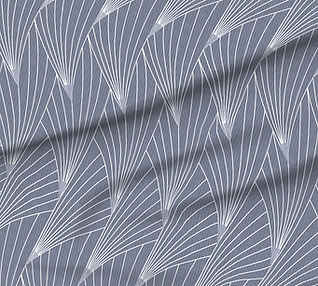 A slightly creased piece of fabric featuring radiating fan or fish fin elements in white on a blue gray ground by lenes_linien.