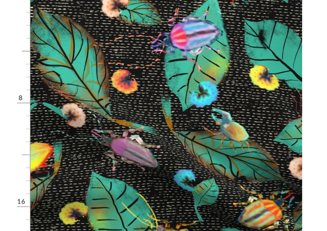 A slightly creased rectangle of fabric showing colorful bugs against deep black background structured by etched horizontal dashes.
