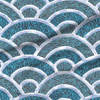 A slightly creased piece of fabric featuring Japanese Seigaiha wave segments in cerulean blue with white outlines by lenes_linien.