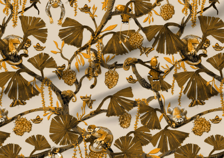 A slightly creased piece of fabric featuring a moody trailing jungle design by lenes_linien with monkeys, birds, chameleons and butterflies.