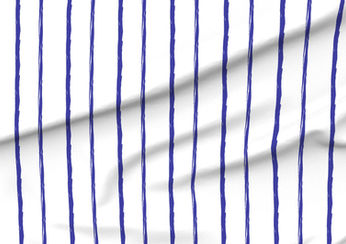 A slightly creased piece of fabric featuring a simple design of slightly irregular inky blue vertical stripes on white by lenes_linien