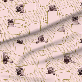 A slightly creased piece of fabric featuring hand-drawn pugs hiding in line-art gift boxes by lenes_linien.