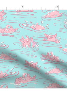 A slightly creased piece of fabric featuring a design of hand-drawn funny pigs splashing about by lenes_linien