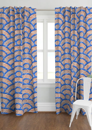 A slightly creased piece of fabric featuring traditional Japanese Seigaiha waves with coral marble texture in blue and orange by lenes_linien.
