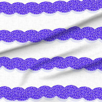 A slightly creased piece of fabric featuring a design of tight undulating wavy horizontal stripes textured with squiggles in blue and white by lenes_linien