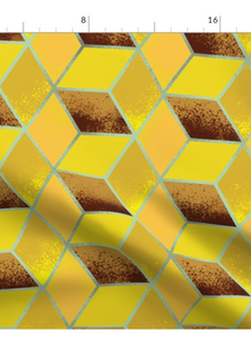 A slightly creased piece of fabric featuring a design of tesselating cubes forming a gold bar grid in precious metal yellow hues - by lenes_linien