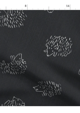 A slightly creased piece of fabric featuring a tossed design of cute, minimalist hedgehogs drawn in loose line-art sketches on uni-colored background by lenes_linien