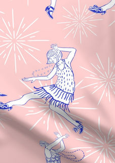 A slightly creased piece of fabric featuring a hand-drawn pattern design of elegant dancing ladies in 20s attire and sunbursts on uni color ground by lenes_linien.