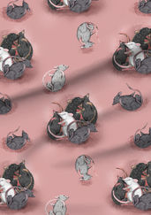 A slightly creased piece of fabric featuring rats tumbling about and cuddling each other.