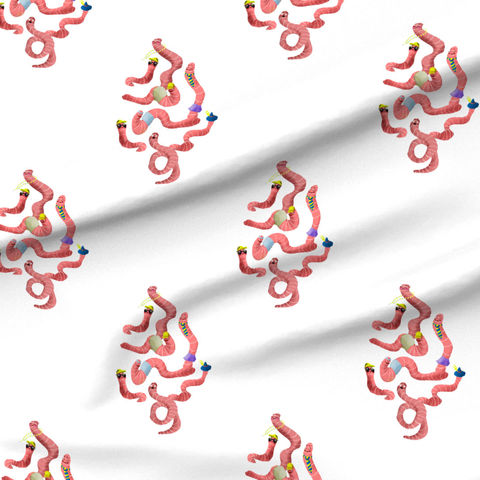A slightly creased rectangle of fabric showing a lenes_linien design of fun ogee-shaped clusters of characterful earthworms on a unicolored background.