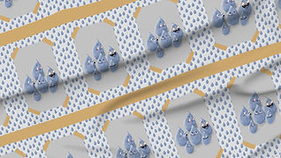 A collage of pattern designs from my happy raindrop collection, in the middle the hero illustration of main characters on a tea towel.