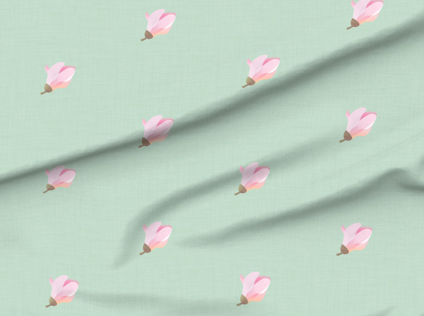 A slightly creased piece of fabric featuring a design of regularly spaced single magnolia flowers on faux-linen texture by lenes_linien