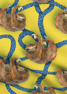 A slightly creased piece of fabric featuring the described design of hand-drawn sloths hanging on lianas.