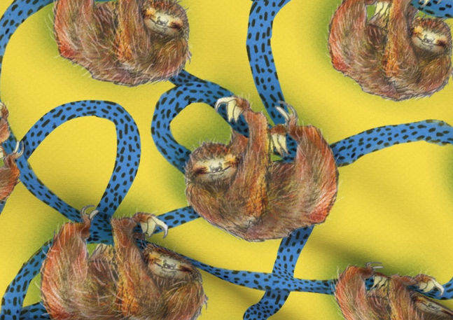 A slightly creased piece of fabric featuring the described design of hand-drawn sloths hanging on lianas.