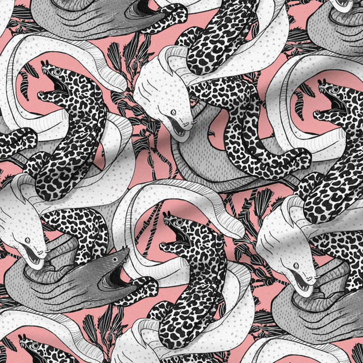 A slightly creased piece of fabric featuring eerie undulating sea eels intertwined.