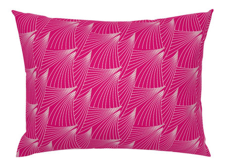 A slightly creased piece of fabric featuring geometric fanned thorny shapes in electric fuchsia and pale gray by lenes_linien.