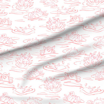 A slightly creased piece of fabric featuring a design of hand-drawn funny pigs splashing about by lenes_linien