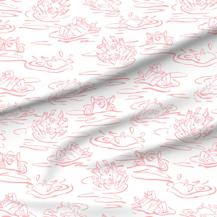 A slightly creased piece of fabric featuring a design of hand-drawn funny pigs splashing about by lenes_linien