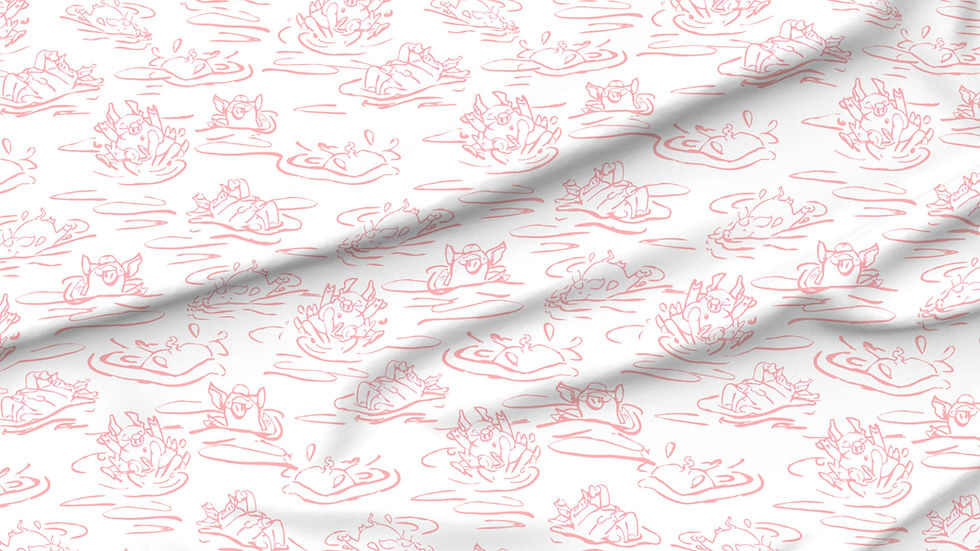 A slightly creased piece of fabric featuring a design of hand-drawn funny pigs splashing about by lenes_linien