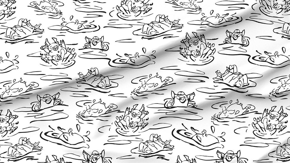 A slightly creased piece of fabric featuring a design of hand-drawn funny pigs splashing about by lenes_linien