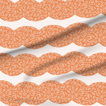 A slightly creased piece of fabric featuring a design of tight undulating wavy bands textured with squiggles in apricot and cream by lenes_linien