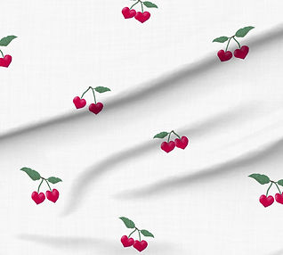 A slightly creased piece of fabric featuring the described heart-shaped cherries design by lenes_linien