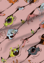 A slightly creased piece of fabric featuring a diagonal novelty design of peeping monsters by lenes_linien