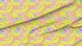A slightly creased piece of fabric featuring lime green and orange spotted eels with orange seaweed on a mint green ground by lenes_linien.