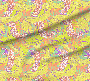A slightly creased piece of fabric featuring lime green and orange spotted eels with orange seaweed on a mint green ground by lenes_linien.