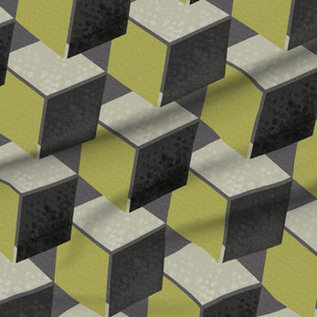 A slightly creased piece of fabric featuring a design of floating geometric cubes in lime green, gray & black by lenes_linien
