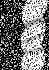 A slightly creased piece of fabric featuring a design of tight undulating wavy columns textured with squiggles in white on black ground by lenes_linien